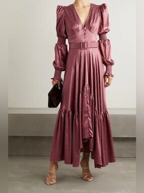 Rosevelvet Pink Satin Long Sleeve Animal Print Belted Gown